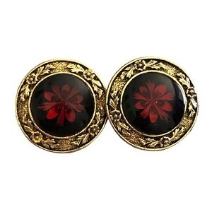 Final Touch Gold Tone Resin Red Flower Clip On Vintage Designer Earrings